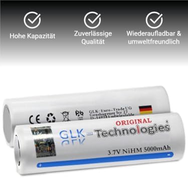 2X GLK-Technologies® Hochleistungs 5000 mAh 3,7V NiMH Flachkopf Akku für langlebige Energie im Alltag
