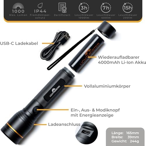 LICHTMEISTER® LED Taschenlampe 1000 Lumen mit 4000 mAh Akku – Perfekt für Camping und Outdoor Abenteuer