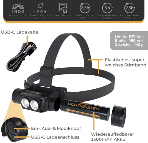 LICHTMEISTER® LED Taschenlampe 1000 Lumen mit 4000 mAh Akku – Perfekt für Camping und Outdoor Abenteuer