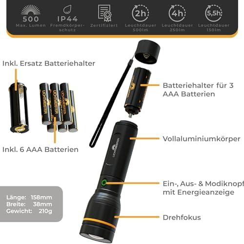 LICHTMEISTER LED Taschenlampe 500 Lumen - tragbar, langlebig und ideal für Outdoor-Abenteuer