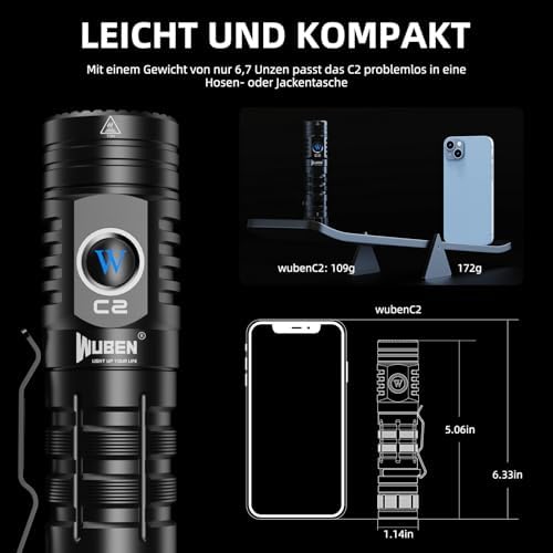 WUBEN C2 LED Taschenlampe 2000 Lumen USB Aufladbar, IP68 Wasserdicht für Camping & Notfälle