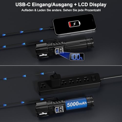 Shadowhawk 2-in-1 LED/UV Taschenlampe – 500000 Lumen ultrahelle, aufladbare Lampe mit Dual-Switch für Camping und Outdoo