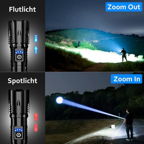 LED Taschenlampe 50000 Lumen - Extrem helle & zoombare Notfall-Torch für Camping und Wandern, IP67 wasserdicht, USB-C au