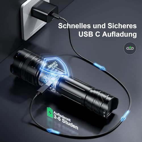 PHIXTON LED Taschenlampe Aufladbar – Extrem Helle 500000 Lumen für Outdoor Einsatz, USB-C Taktisches Zoom Licht