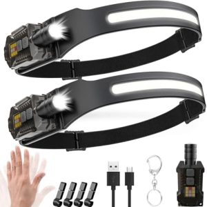 Wiederaufladbare LED Stirnlampe 2000 Lumen mit Sensor, 230° Weitwinkel & UV Licht – Ideal zum Camping, Joggen, Wandern &