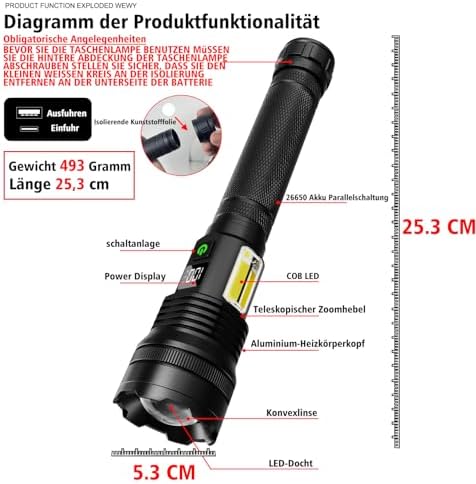 ASORT Wiederaufladbare Taschenlampe 990.000 Lumen, Extreme Helligkeit, USB Aufladbar, IP67 Wasserdicht für Outdoor, Camp
