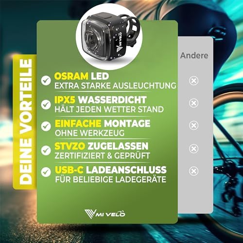 MIVELO Fahrradlicht Set – StVZO zugelassen, USB-aufladbar & 100% wasserdicht für sicheres Fahren bei Nacht