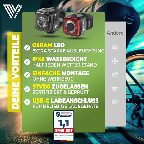 MIVELO Fahrradlicht Set – StVZO zugelassen, USB-aufladbar & 100% wasserdicht für sicheres Fahren bei Nacht
