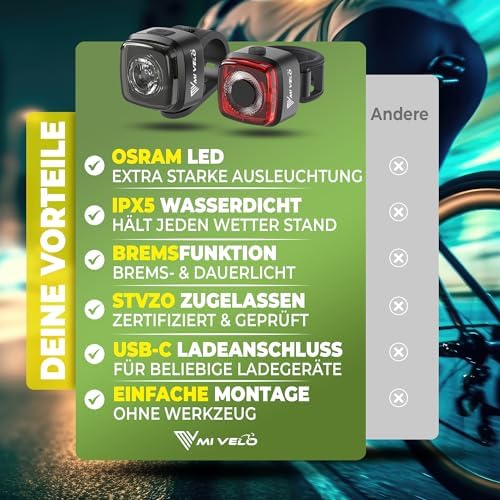 MIVELO Fahrradlicht Set – StVZO zugelassen, USB-aufladbar & 100% wasserdicht für sicheres Fahren bei Nacht