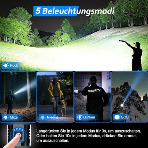LED Taschenlampe 50000 Lumen - Extrem helle & zoombare Notfall-Torch für Camping und Wandern, IP67 wasserdicht, USB-C au