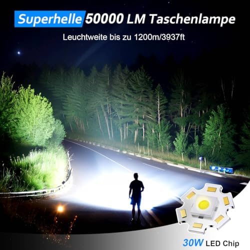 LED Taschenlampe 50000 Lumen - Extrem helle & zoombare Notfall-Torch für Camping und Wandern, IP67 wasserdicht, USB-C au