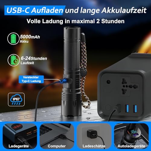 LED Taschenlampe 50000 Lumen - Extrem helle & zoombare Notfall-Torch für Camping und Wandern, IP67 wasserdicht, USB-C au