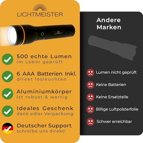LICHTMEISTER LED Taschenlampe 500 Lumen - tragbar, langlebig und ideal für Outdoor-Abenteuer
