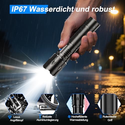 LED Taschenlampe 50000 Lumen - Extrem helle & zoombare Notfall-Torch für Camping und Wandern, IP67 wasserdicht, USB-C au