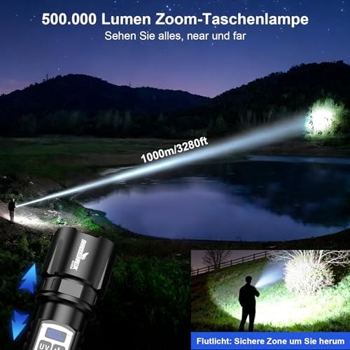 Shadowhawk 2-in-1 LED/UV Taschenlampe – 500000 Lumen ultrahelle, aufladbare Lampe mit Dual-Switch für Camping und Outdoo