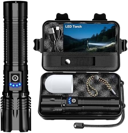 LED Taschenlampe 50000 Lumen - Extrem helle & zoombare Notfall-Torch für Camping und Wandern, IP67 wasserdicht, USB-C au