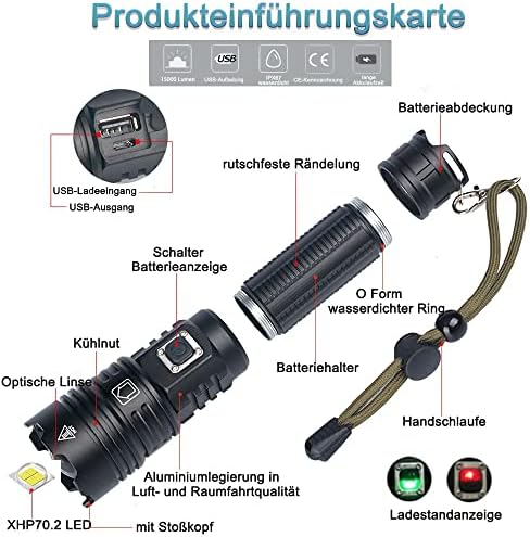 ASORT Wiederaufladbare Taschenlampe 990.000 Lumen, Extreme Helligkeit, USB Aufladbar, IP67 Wasserdicht für Outdoor, Camp