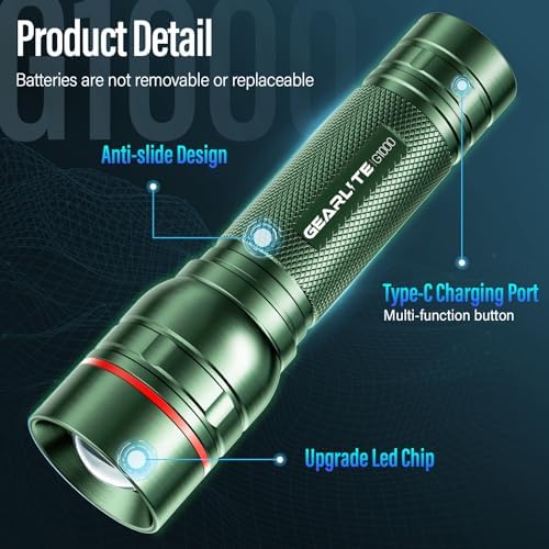 GEARLITE LED Taschenlampe 2000 Lumen – Extrem hell & zoombar, ideal für Camping, Angeln und Notfälle!