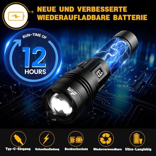 ClimeCo LED Taschenlampe Aufladbar 500.000 Lumen – Extrem helle, wasserdichte Taschenlampe für Outdoor Notfälle