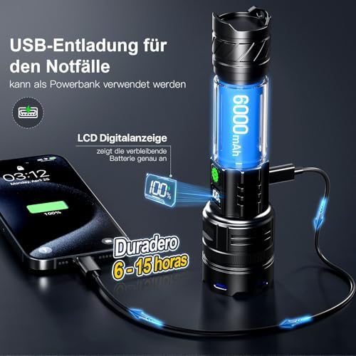 PHIXTON LED Taschenlampe Aufladbar – Extrem Helle 500000 Lumen für Outdoor Einsatz, USB-C Taktisches Zoom Licht