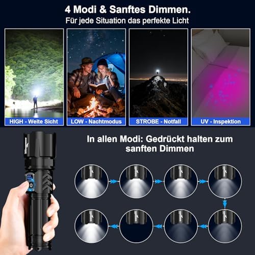 Shadowhawk 2-in-1 LED/UV Taschenlampe – 500000 Lumen ultrahelle, aufladbare Lampe mit Dual-Switch für Camping und Outdoo