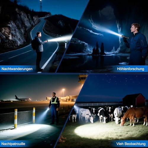 LED Taschenlampe 50000 Lumen - Extrem helle & zoombare Notfall-Torch für Camping und Wandern, IP67 wasserdicht, USB-C au