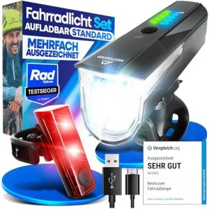 NEXTCOVER® Fahrradlicht Set – USB aufladbar, wasserdicht & mit 11h Akkulaufzeit für sicheres Fahren bei Nacht
