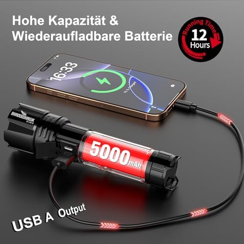 Shadowhawk LED Taschenlampe 500000 Lumen – USB Aufladbar, IP67 Wasserdicht, 5 Lichtmodi für Camping & Notfälle