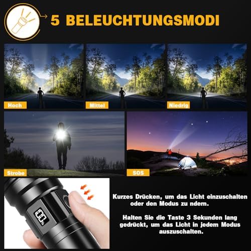 ClimeCo LED Taschenlampe Aufladbar 500.000 Lumen – Extrem helle, wasserdichte Taschenlampe für Outdoor Notfälle