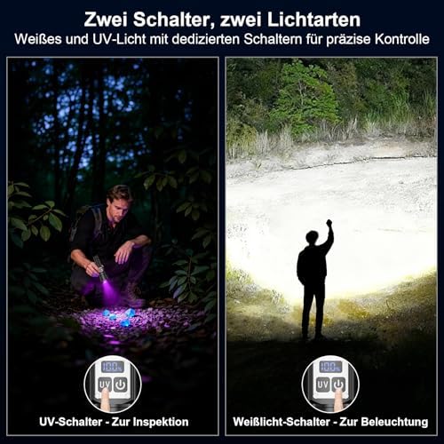 Shadowhawk 2-in-1 LED/UV Taschenlampe – 500000 Lumen ultrahelle, aufladbare Lampe mit Dual-Switch für Camping und Outdoo