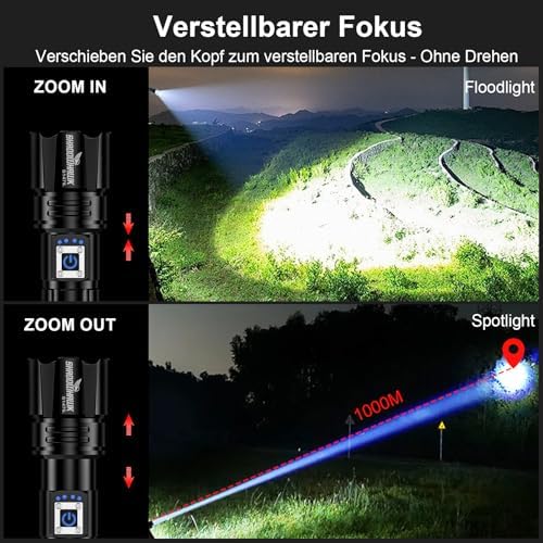 Shadowhawk LED Taschenlampe 500000 Lumen – USB Aufladbar, IP67 Wasserdicht, 5 Lichtmodi für Camping & Notfälle