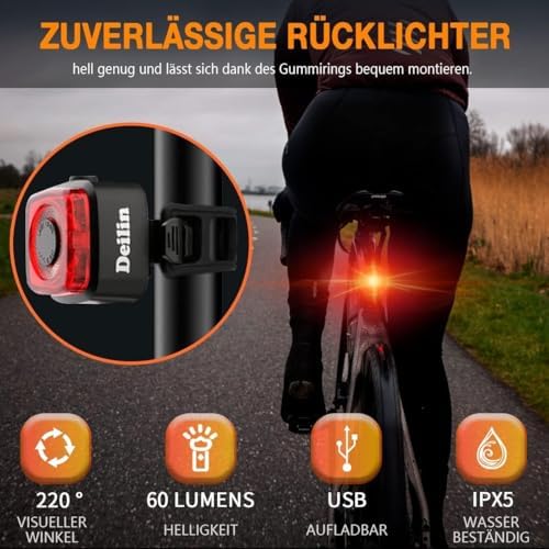 Deilin Fahrradlicht Set – 70 Lux LED Beleuchtung, USB Aufladbar & IPX5 Wasserdicht für sicheres Fahren bei Nacht