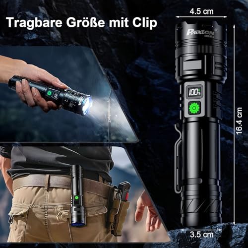 PHIXTON LED Taschenlampe Aufladbar – Extrem Helle 500000 Lumen für Outdoor Einsatz, USB-C Taktisches Zoom Licht