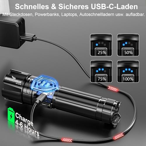 Shadowhawk LED Taschenlampe 500000 Lumen – USB Aufladbar, IP67 Wasserdicht, 5 Lichtmodi für Camping & Notfälle