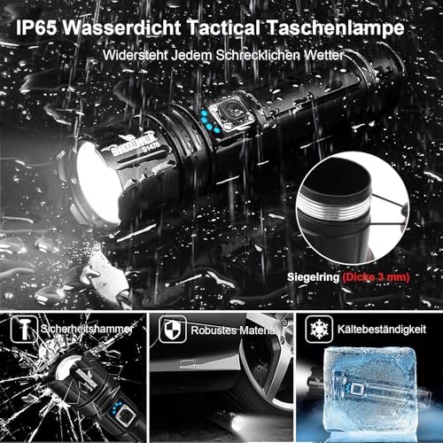 Shadowhawk LED Taschenlampe 500000 Lumen – USB Aufladbar, IP67 Wasserdicht, 5 Lichtmodi für Camping & Notfälle