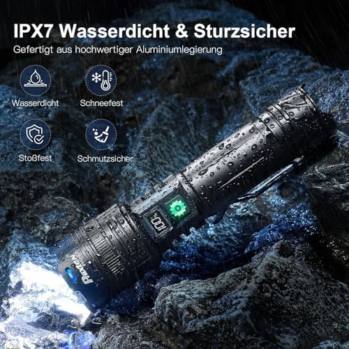 PHIXTON LED Taschenlampe Aufladbar – Extrem Helle 500000 Lumen für Outdoor Einsatz, USB-C Taktisches Zoom Licht